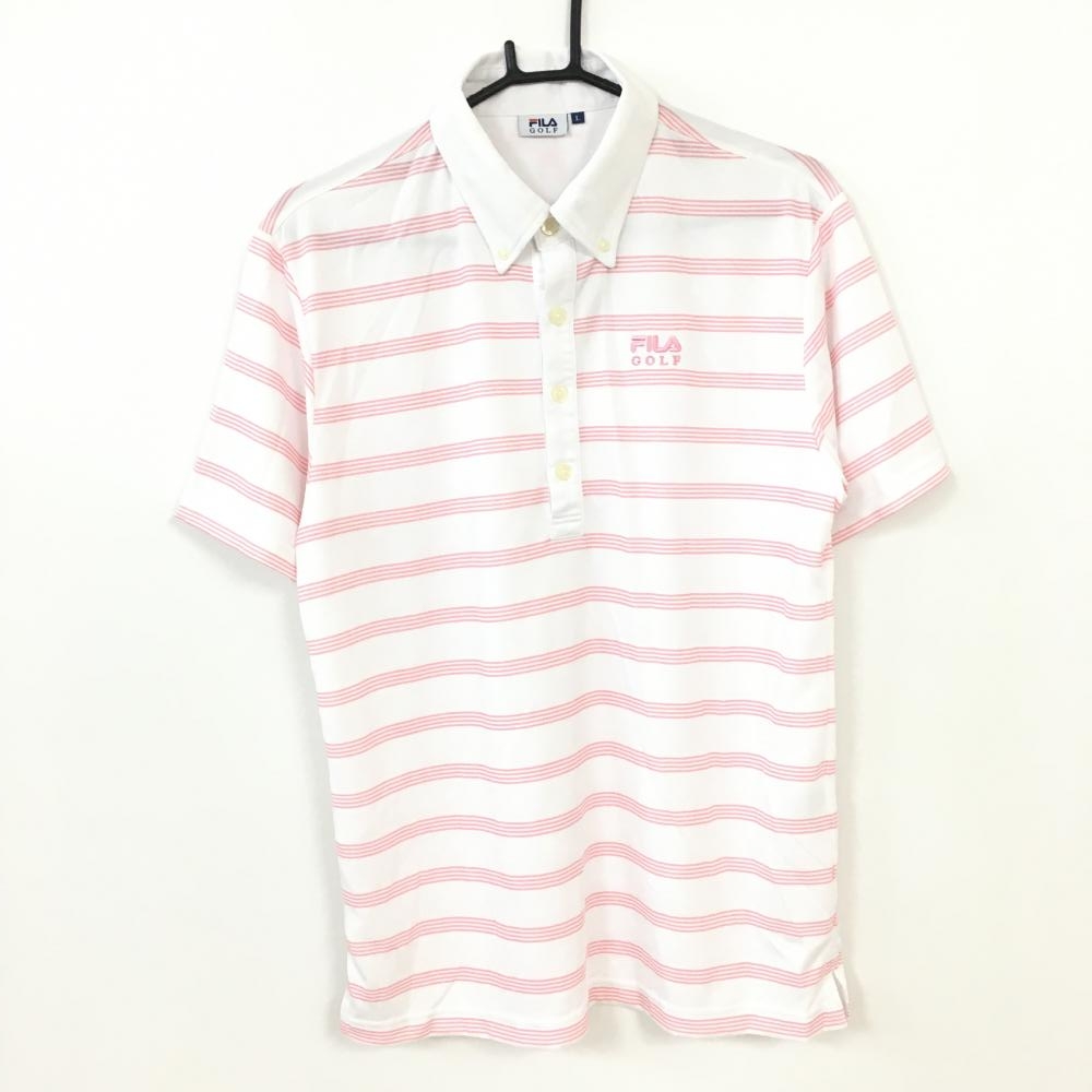 FILA GOLF フィラゴルフ 半袖ポロシャツ 白×ピンク ボーダー柄 総柄  メンズ L ゴルフウェア