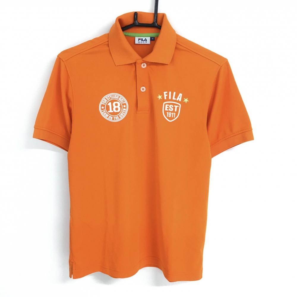 【超美品】フィラゴルフ 半袖ポロシャツ オレンジ×白 襟裏プリント メンズ M ゴルフウェア FILA GOLF