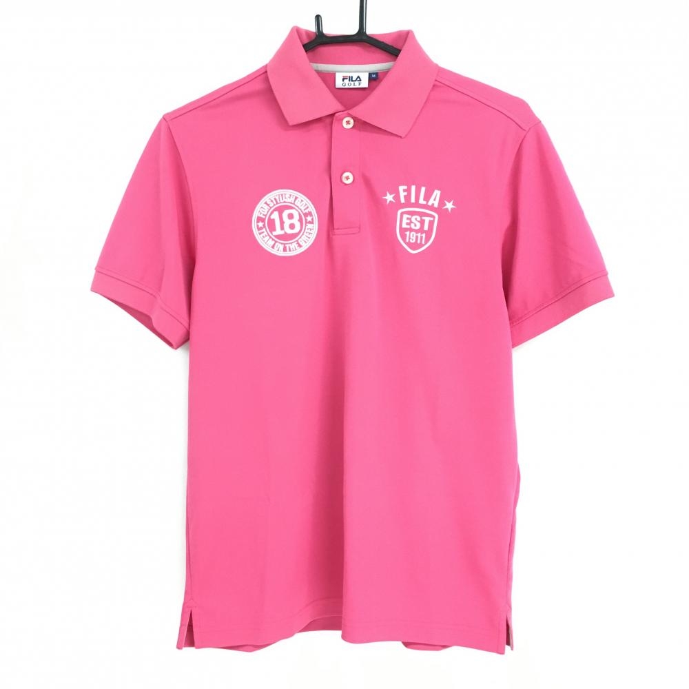 【美品】フィラゴルフ 半袖ポロシャツ ピンク×白 襟裏プリント  メンズ Ｍ ゴルフウェア FILA GOLF
