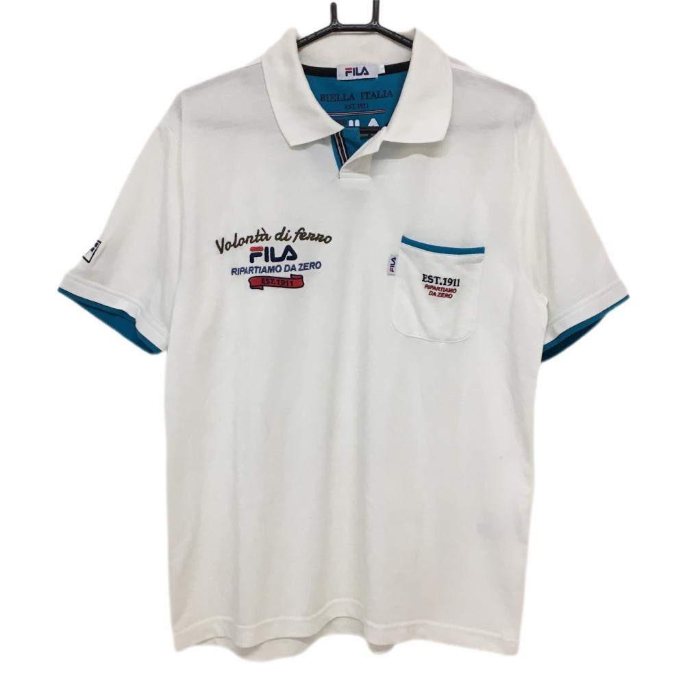 フィラゴルフ 半袖ポロシャツ 白×ライトブルー 胸ポケット メンズ L ゴルフウェア FILA GOLF