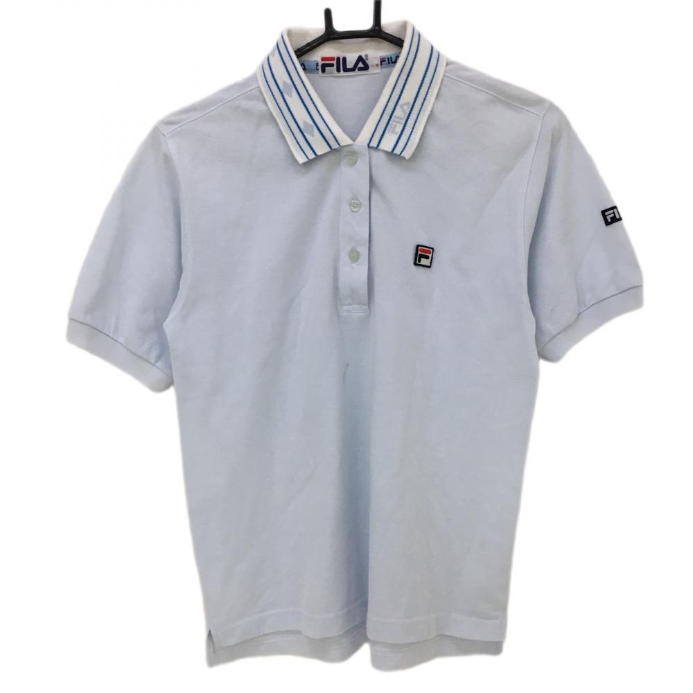 フィラゴルフ 半袖ポロシャツ ライトブルー×白 襟ボーダー 胸元ロゴワッペン  メンズ M ゴルフウェア FILA GOLF