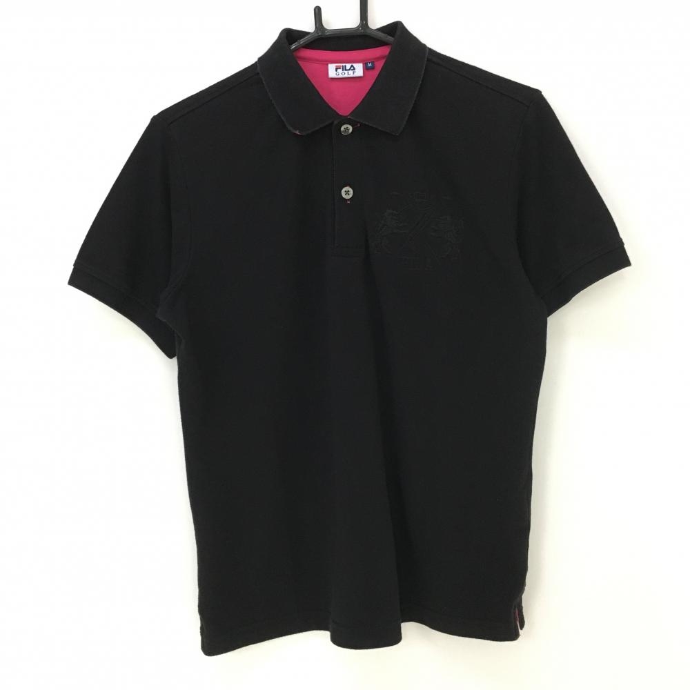 フィラゴルフ 半袖ポロシャツ 黒×ピンク ロゴ刺しゅう 襟裏ピンク  メンズ M ゴルフウェア FILA GOLF