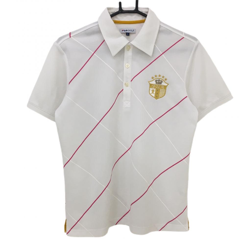 フィラゴルフ 半袖ポロシャツ 白×ピンク 刺しゅうワッペン メンズ L ゴルフウェア FILA GOLF