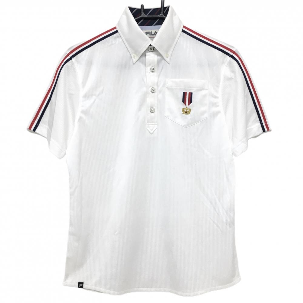 【美品】フィラゴルフ 半袖ポロシャツ 白×ネイビー ストライプ地模様 肩トリコロールライン メンズ M ゴルフウェア FILA GOLF