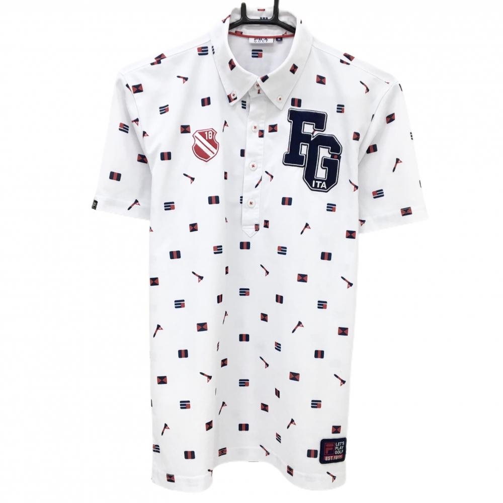 フィラゴルフ 半袖ポロシャツ 白×ネイビー×レッド 総柄 ボタンダウン 胸ロゴ  メンズ M ゴルフウェア FILA GOLF
