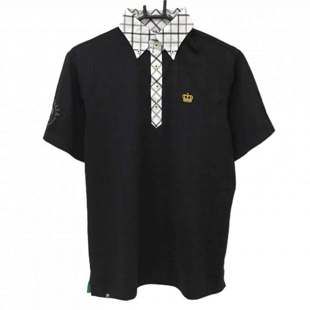 フィラゴルフ 半袖ポロシャツ 黒×白 格子地模様 襟・前立てチェック クラウン刺しゅう メンズ L ゴルフウェア FILA GOLF