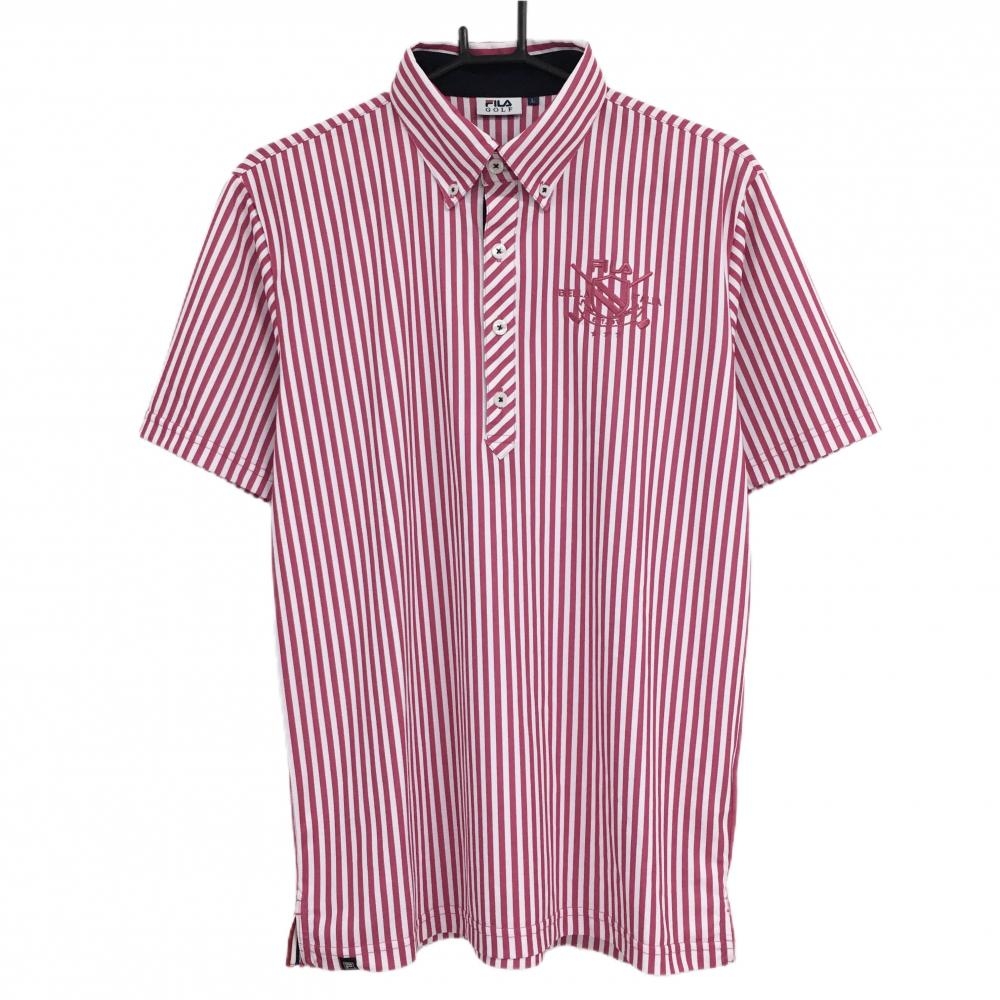 【美品】フィラゴルフ 半袖ポロシャツ 白×ピンク ストライプ ロゴ刺しゅう ボタンダウン  メンズ L ゴルフウェア FILA GOLF