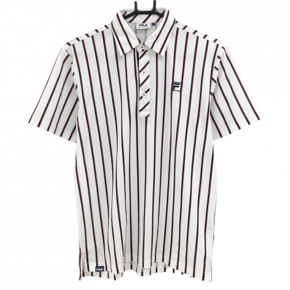 【超美品】フィラゴルフ 半袖ポロシャツ 白×ネイビー ストライプ ロゴ刺しゅう  メンズ M ゴルフウェア FILA GOLF