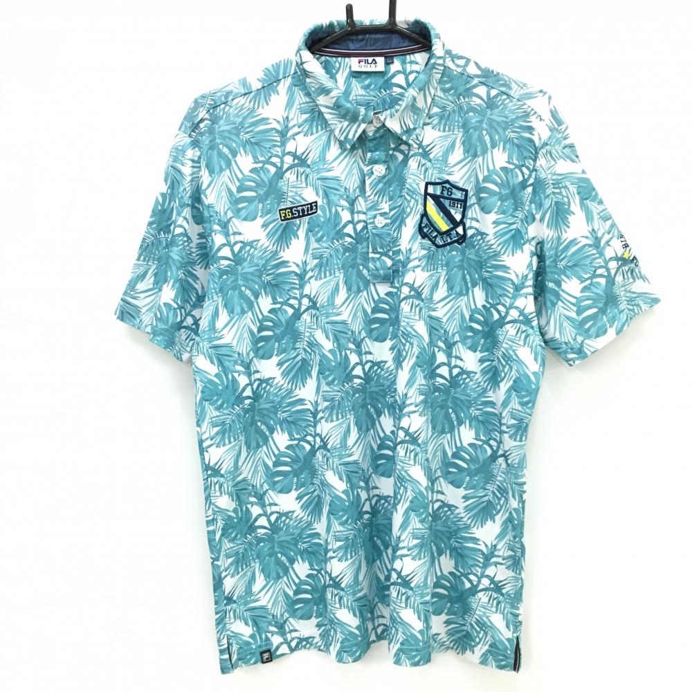 【超美品】フィラゴルフ 半袖ポロシャツ 白×ブルーグリーン リーフ柄 ロゴ刺しゅう メンズ LL ゴルフウェア FILA GOLF