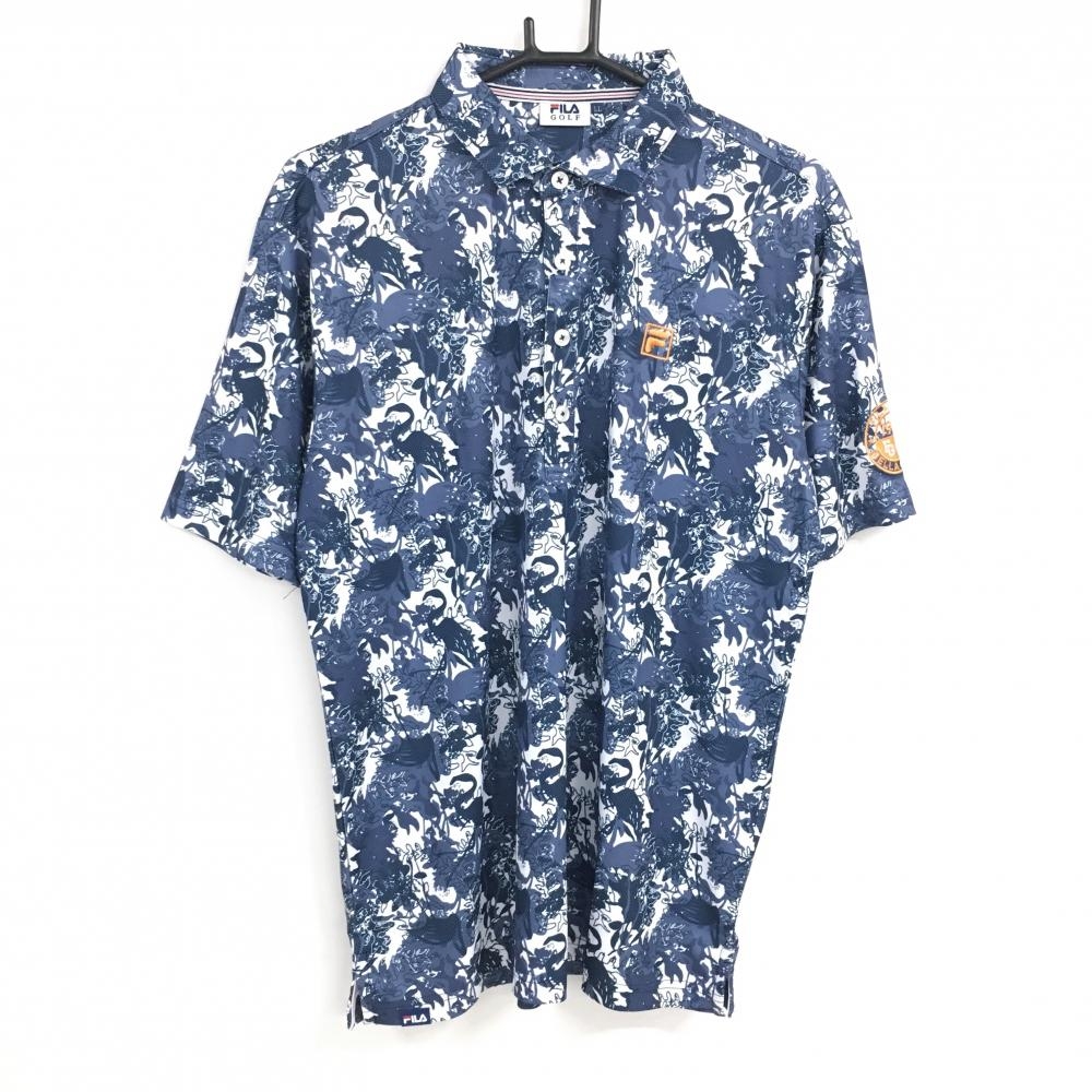 【新品】フィラゴルフ 半袖ポロシャツ 白×ネイビー フラミンゴ・リーフ総柄 吸汗速乾 UVカット  メンズ LL ゴルフウェア FILA GOLF