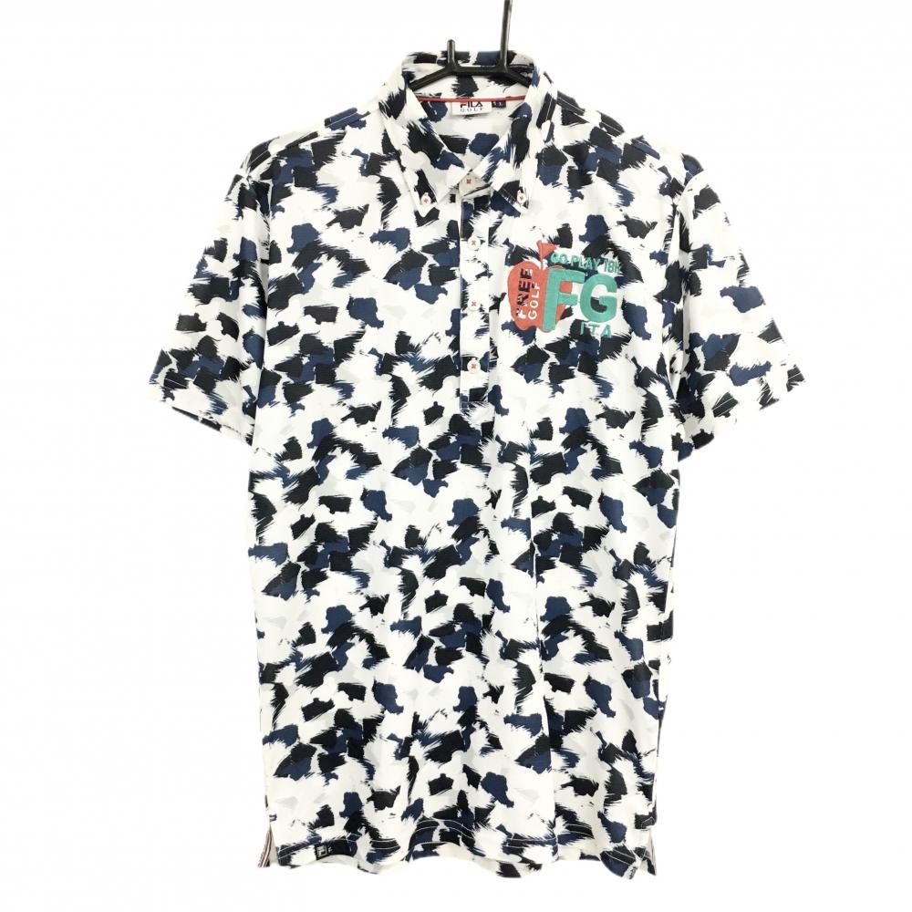 フィラゴルフ 半袖ポロシャツ 白×ネイビー 総柄 リンゴワッペン  メンズ L ゴルフウェア FILA GOLF