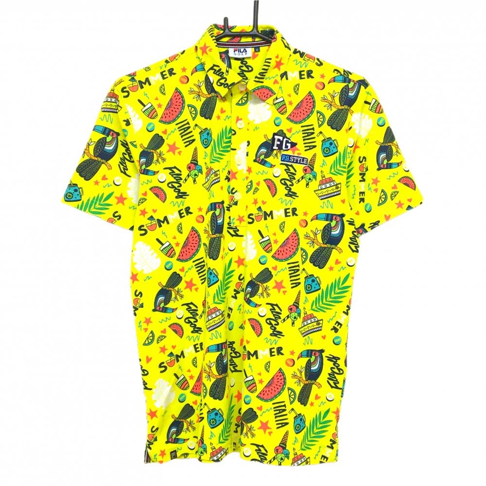 【超美品】フィラゴルフ 半袖ポロシャツ イエロー×ネイビー×ピンク 総柄 胸ロゴ刺しゅう メンズ M ゴルフウェア FILA GOLF