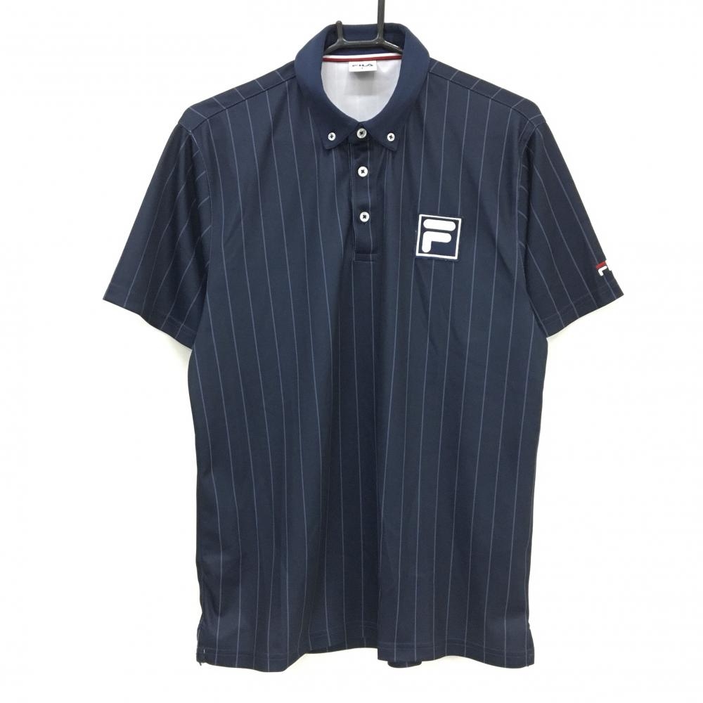 【美品】フィラゴルフ 半袖ポロシャツ ネイビー×白 ストライプ ボタンダウン  メンズ L ゴルフウェア FILA GOLF