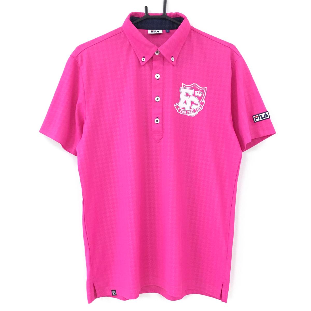 【美品】フィラゴルフ 半袖ポロシャツ ピンク 千鳥格子地模様 ボタンダウン メンズ L ゴルフウェア FILA GOLF