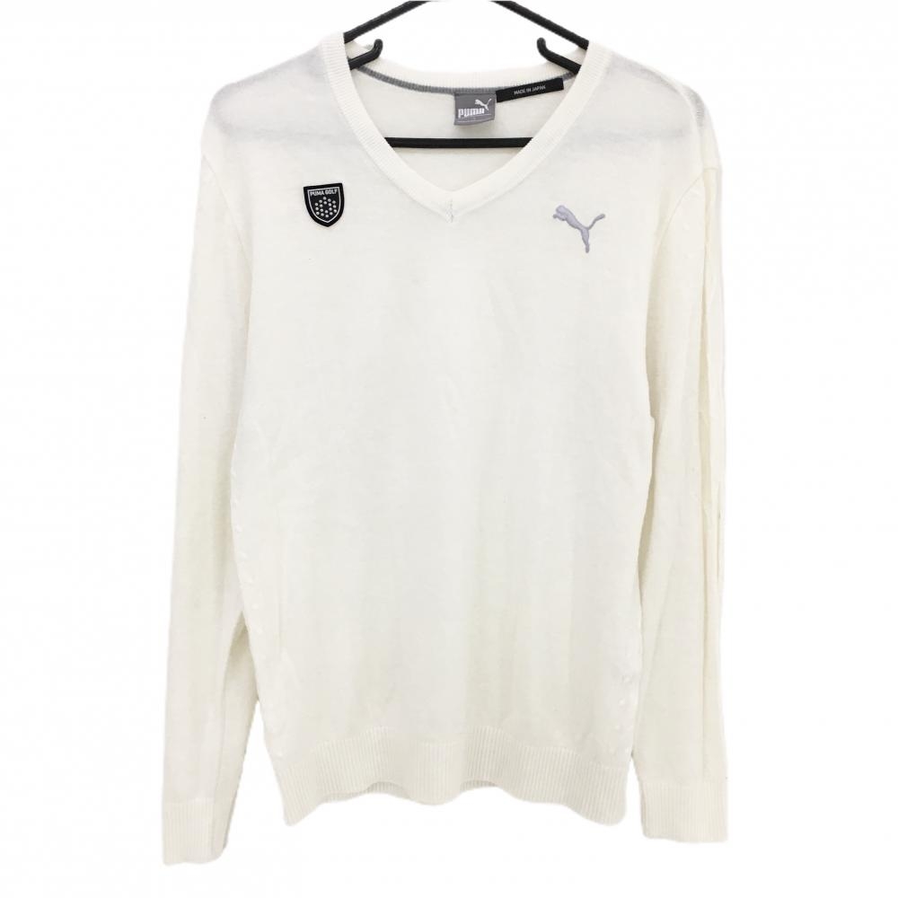 プーマ セーター 白 袖ケーブル編み ニット ウール混 Vネック メンズ L ゴルフウェア PUMA