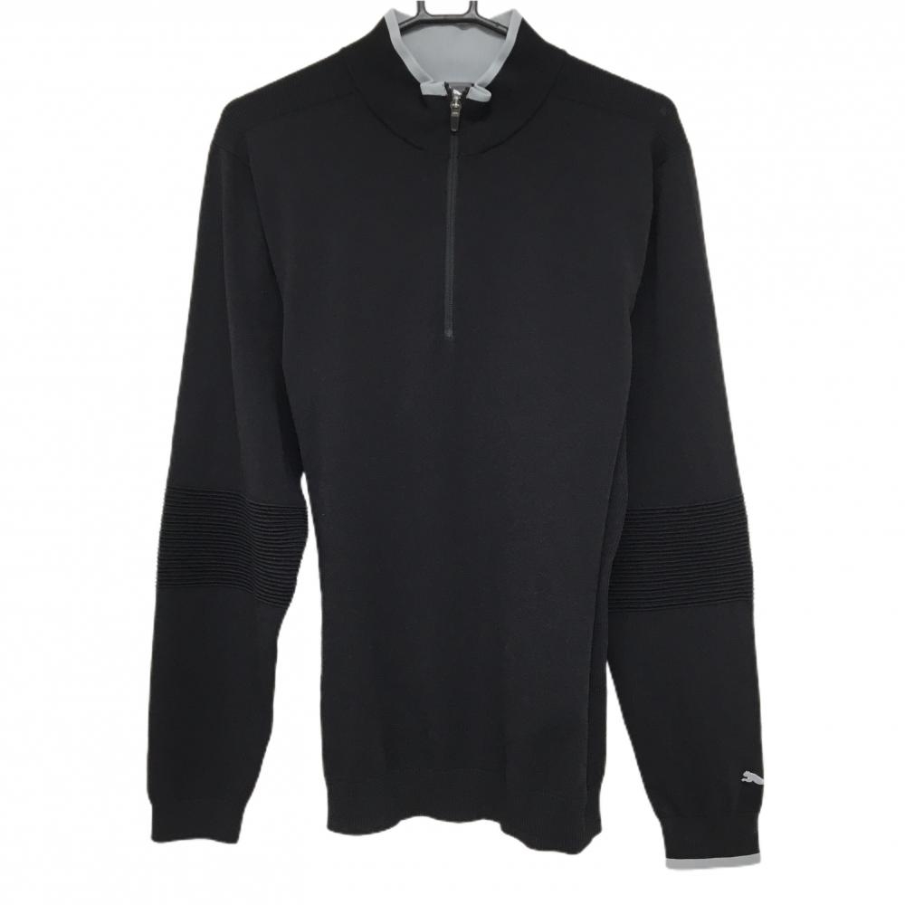 【美品】プーマ ハイネックセーター 黒×グレー ハーフジップ 袖口ロゴ ニット  メンズ XL ゴルフウェア PUMA