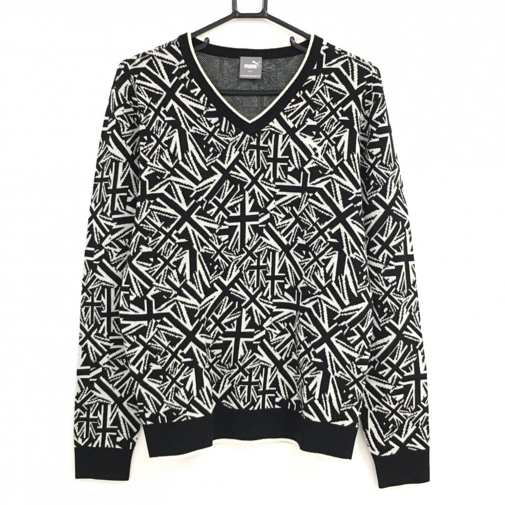 【美品】プーマ セーター 黒×白 ユニオンジャック総柄 ウール混 ニット  メンズ L ゴルフウェア PUMA