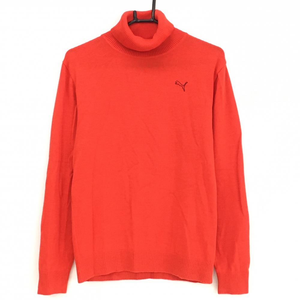 【超美品】プーマ タートルネックセーター レッド ロゴ刺しゅう ウール混 ニット メンズ L ゴルフウェア PUMA