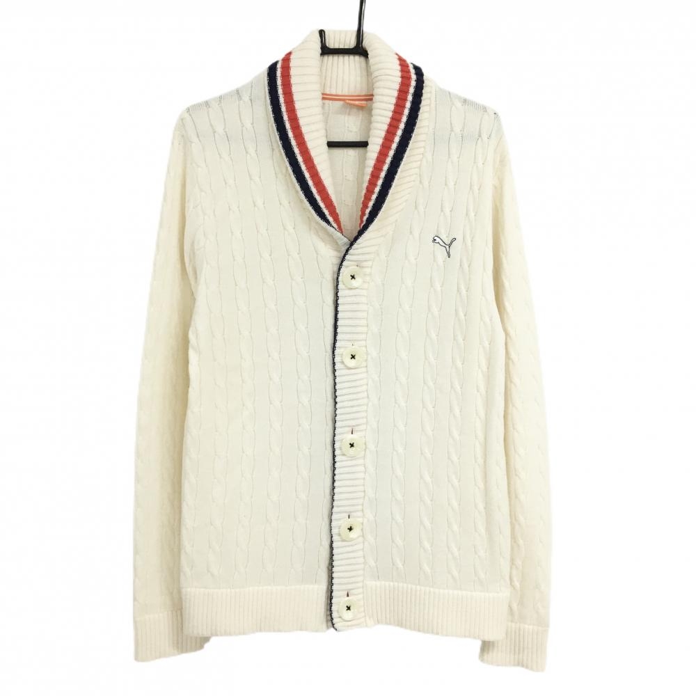 【超美品】プーマ ニットカーディガン 白×ネイビー 襟ライン ウール混 メンズ O(XL) ゴルフウェア PUMA