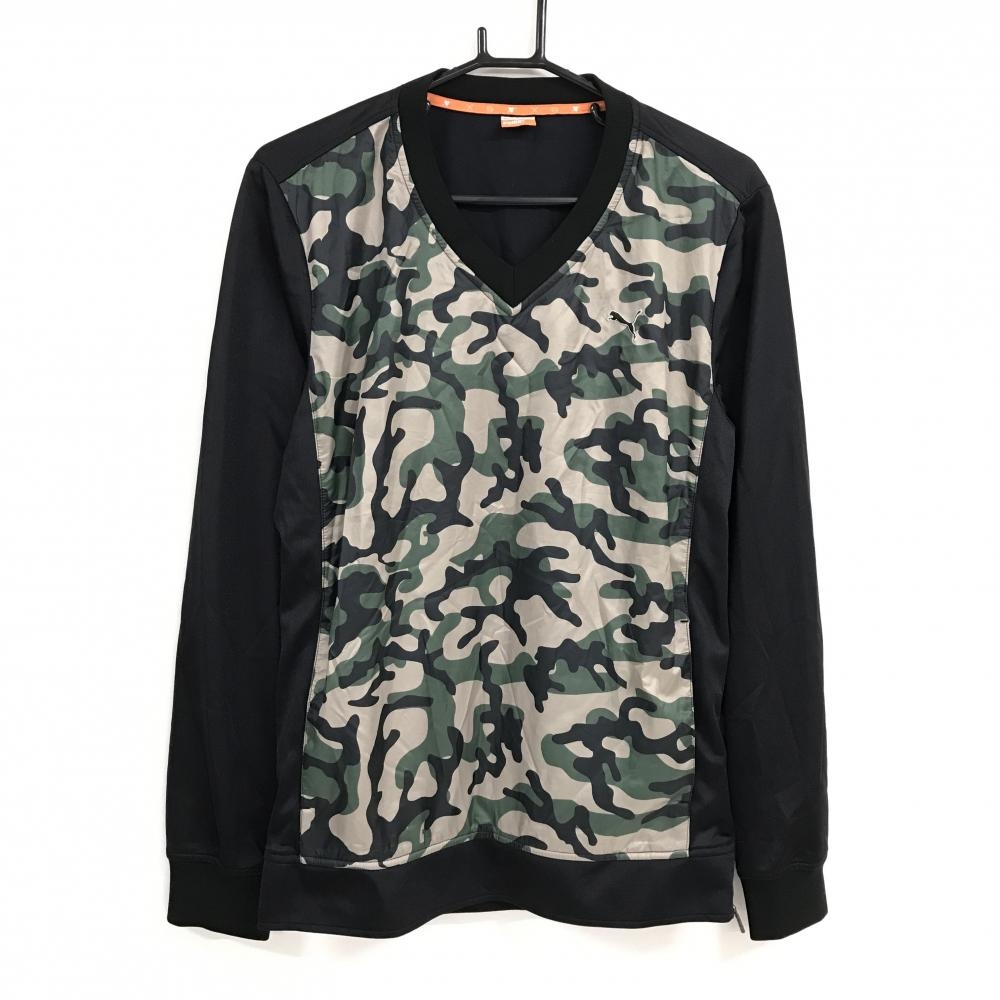 【美品】プーマ スニード 黒×ベージュ×グリーン Vネック 前カモフラ 迷彩 メンズ L ゴルフウェア PUMA