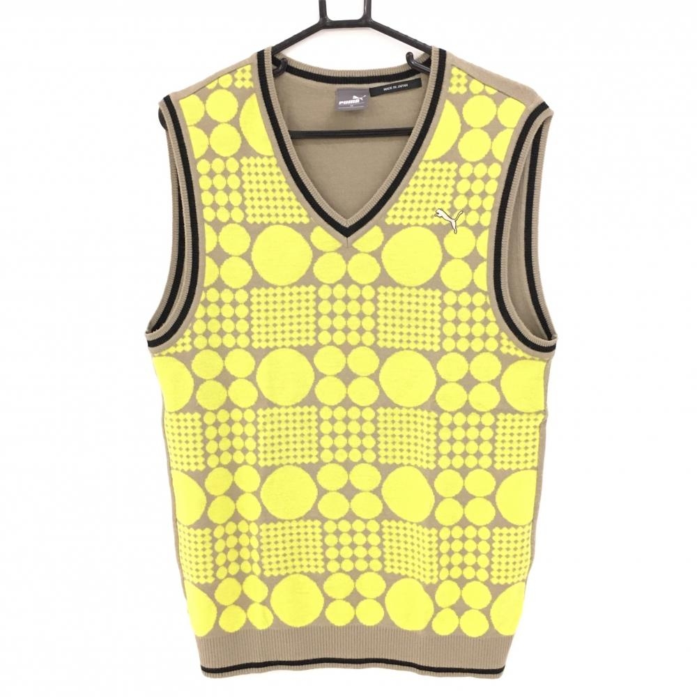 【美品】プーマ ニットベスト グレージュ×イエロー ドット調 Vネック ロゴ刺しゅう  メンズ XO ゴルフウェア PUMA
