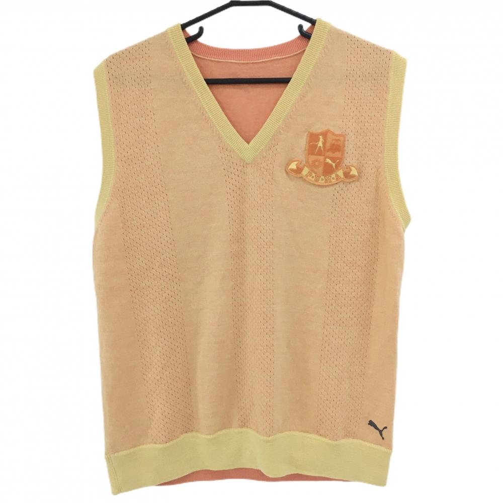 プーマ ニットベスト ライトオレンジ×イエロー Vネック 胸元ワッペン  メンズ  ゴルフウェア PUMA