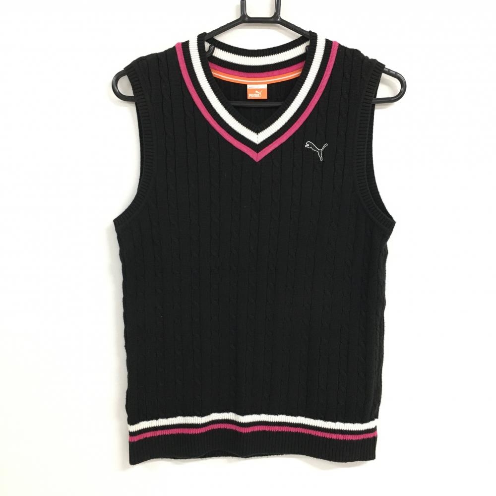 プーマ ニットベスト 黒×ピンク ケーブル編み メンズ S ゴルフウェア PUMA