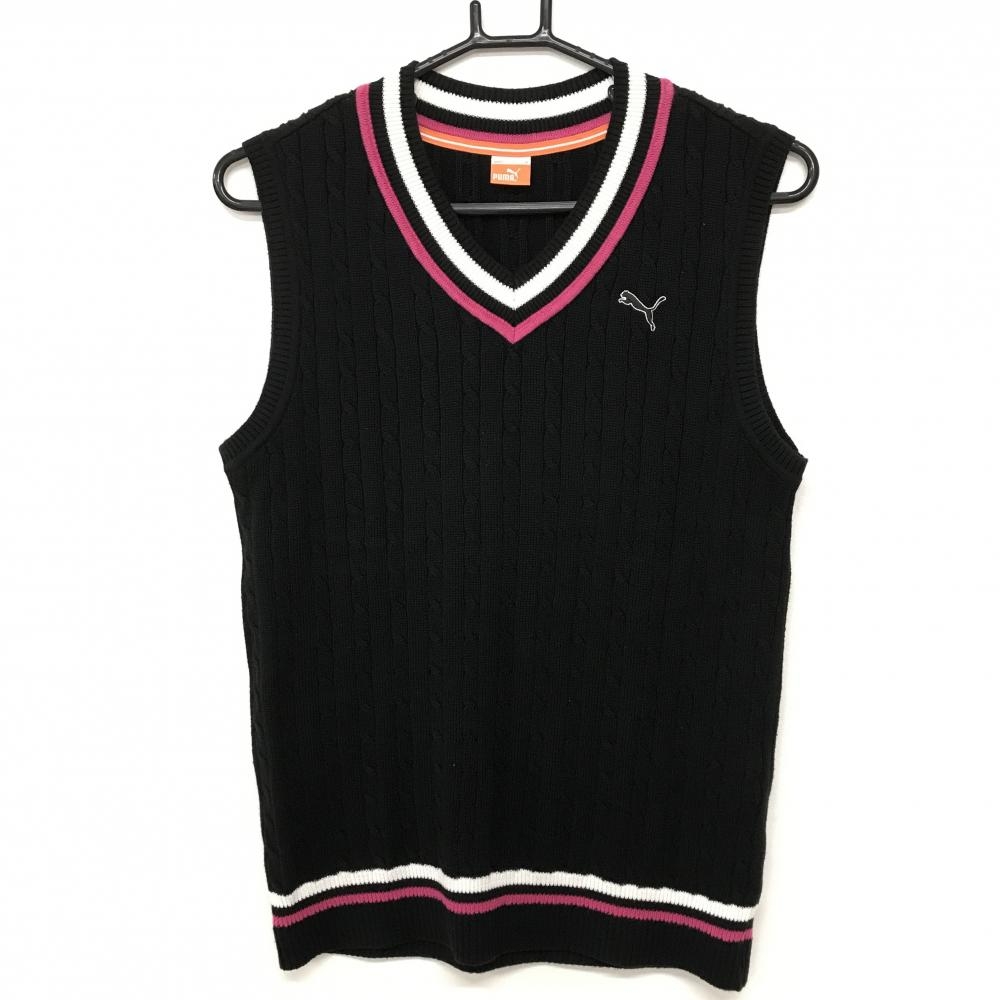 【超美品】プーマ ニットベスト 黒 ×ピンク ロープ編み ロゴ刺しゅう Vネック  メンズ M ゴルフウェア PUMA