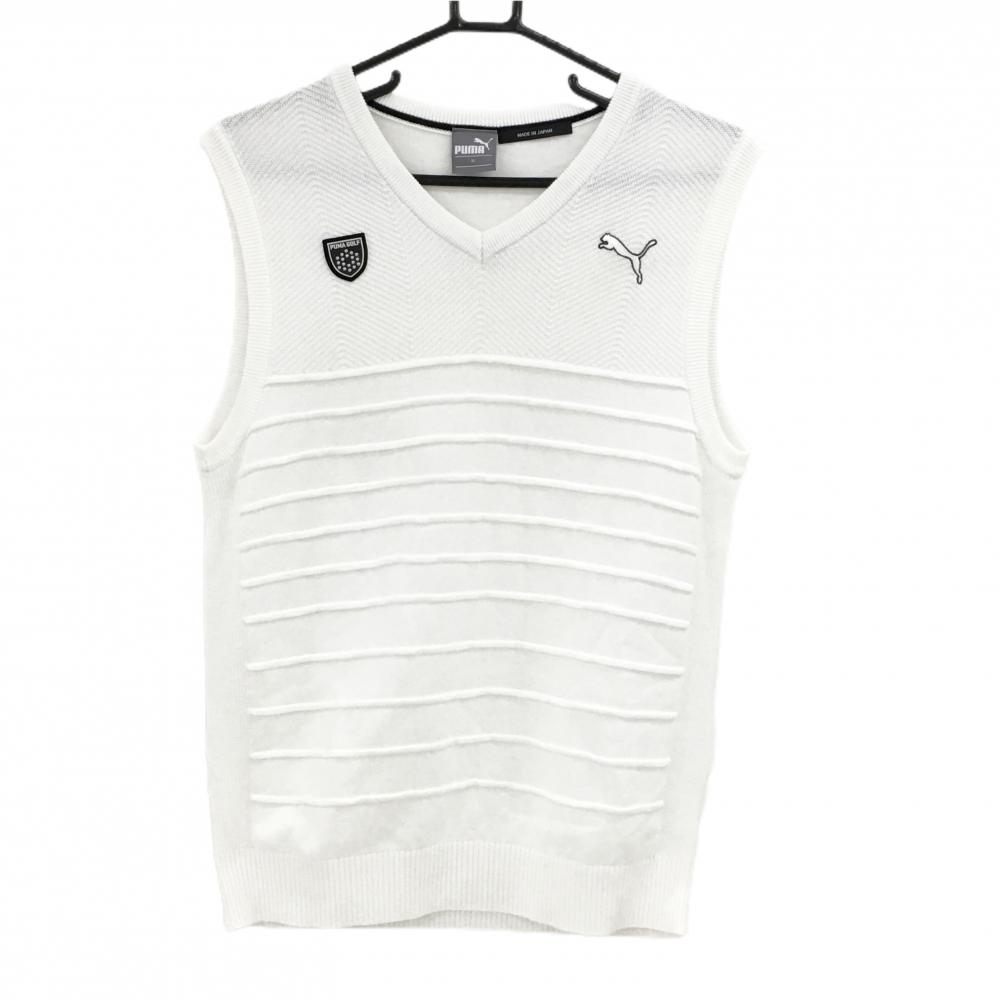 【超美品】プーマ ニットベスト 白×黒 凸凹織 Vネック ロゴ刺しゅう 日本製  メンズ XL ゴルフウェア PUMA