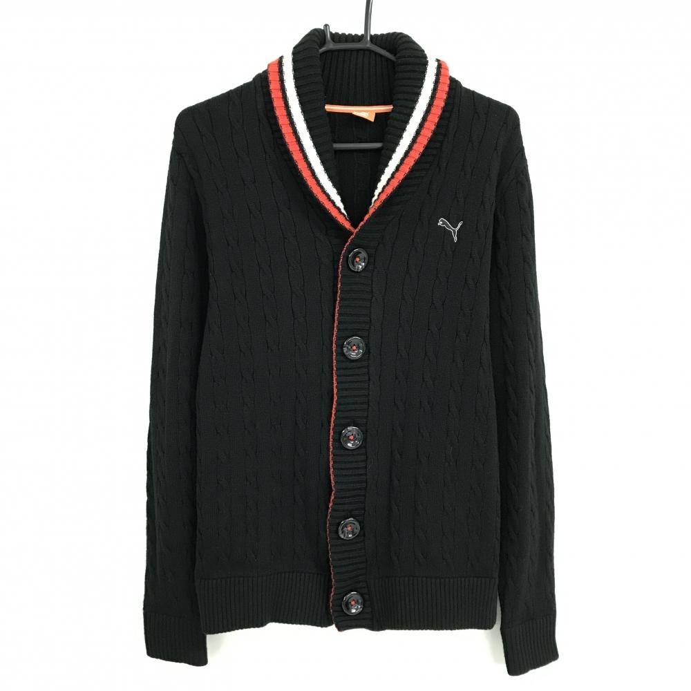【美品】プーマ 襟付きニットジャケット 黒 ケーブル編み ネックライン ウール混 カーディガン  メンズ L ゴルフウェア PUMA