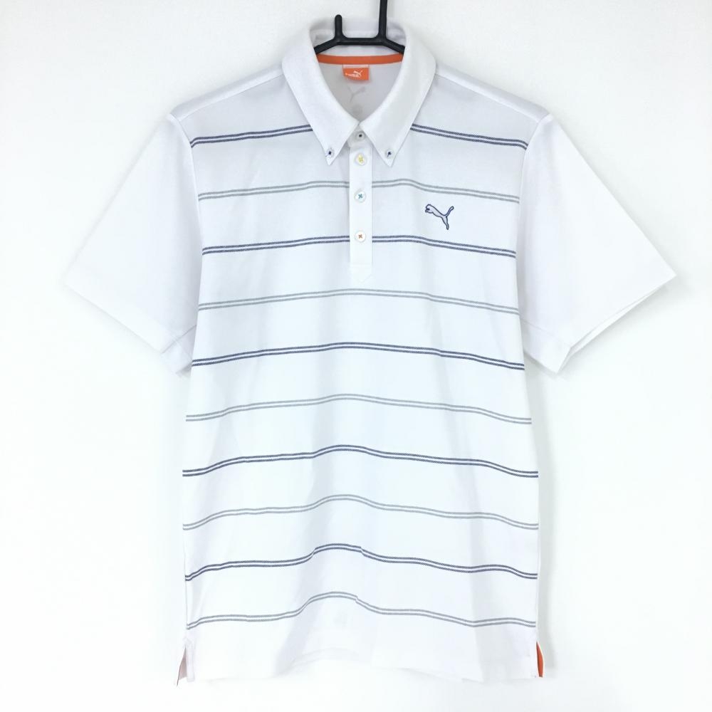 プーマ 半袖ポロシャツ 白×グレー×ネイビー 前面簿オーダー ボタンダウン メンズ L ゴルフウェア PUMA