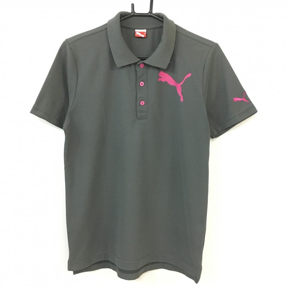 【美品】PUMA プーマ 半袖ポロシャツ グレー×ピンク ロゴプリント、刺しゅう メンズ M ゴルフウェア