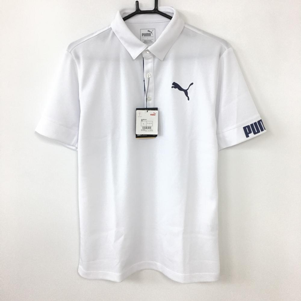 【新品】40％OFF〜PUMA プーマ 半袖ポロシャツ 白×ネイビー 襟ロゴ DRYCELL メンズ L ゴルフウェア