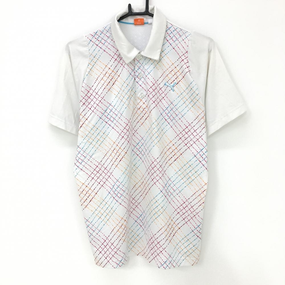 プーマ 半袖ポロシャツ 白×ピンク 前チェック柄 COOLCELL  メンズ M ゴルフウェア PUMA