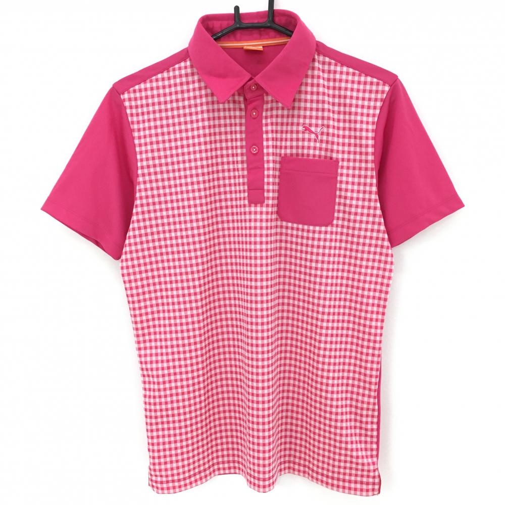 【美品】プーマ 半袖ポロシャツ ピンク×白 前チェック柄 DRYCELL 胸ポケット  メンズ M ゴルフウェア PUMA