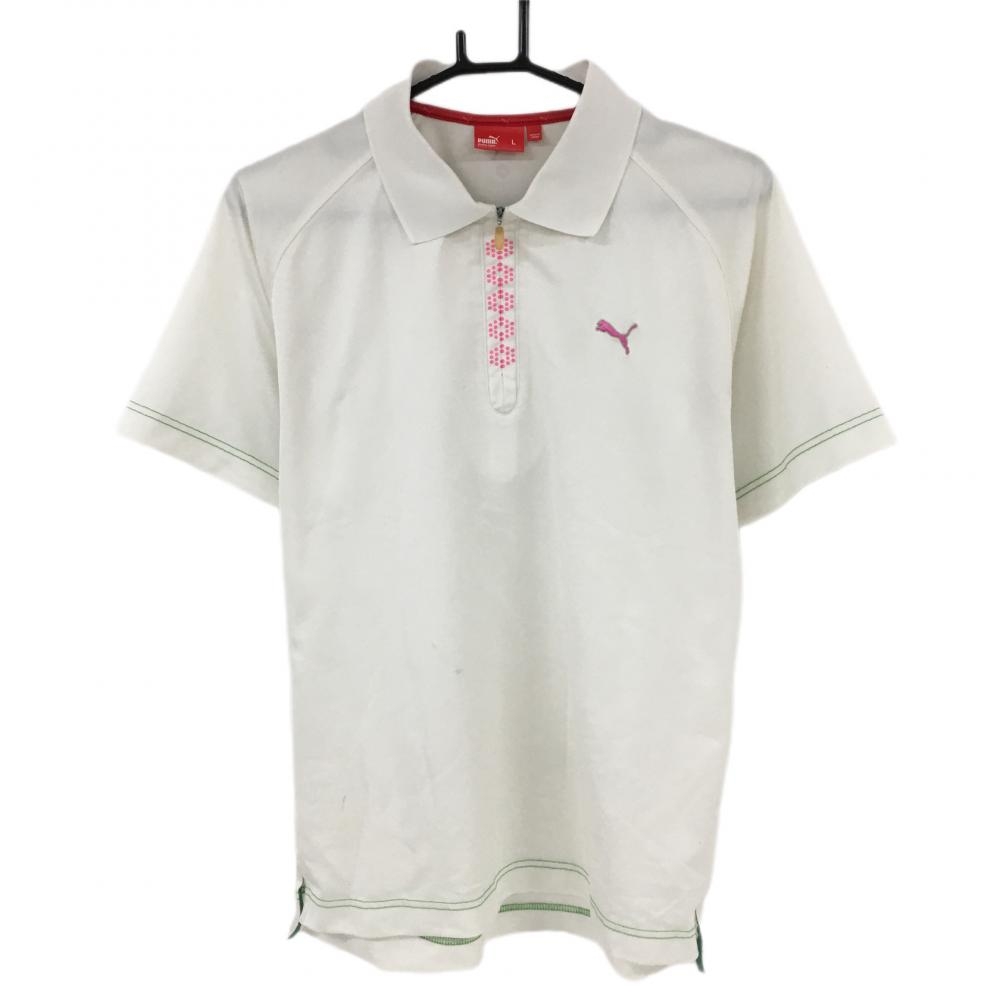 プーマ 半袖ポロシャツ 白×ピンク ハーフジップ 襟裏プリント  メンズ L ゴルフウェア PUMA