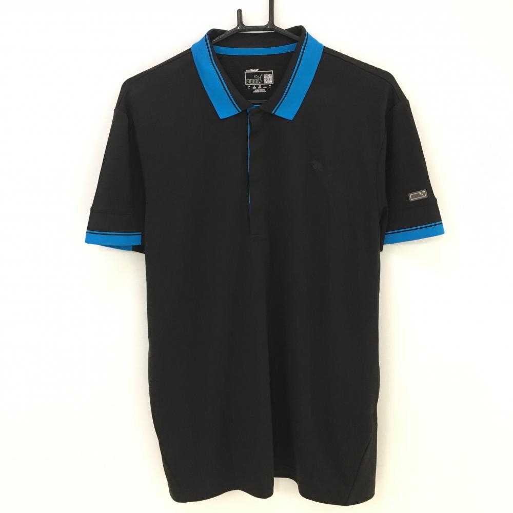 【美品】プーマ 半袖ポロシャツ 黒×ブルー ロゴマーク シンプル メンズ US L ゴルフウェア PUMA