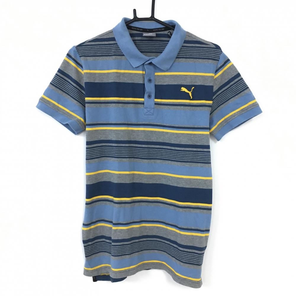 PUMA プーマ 半袖ポロシャツ ライトブルー×グレー ボーダー ロゴ刺繍 メンズ L ゴルフウェア