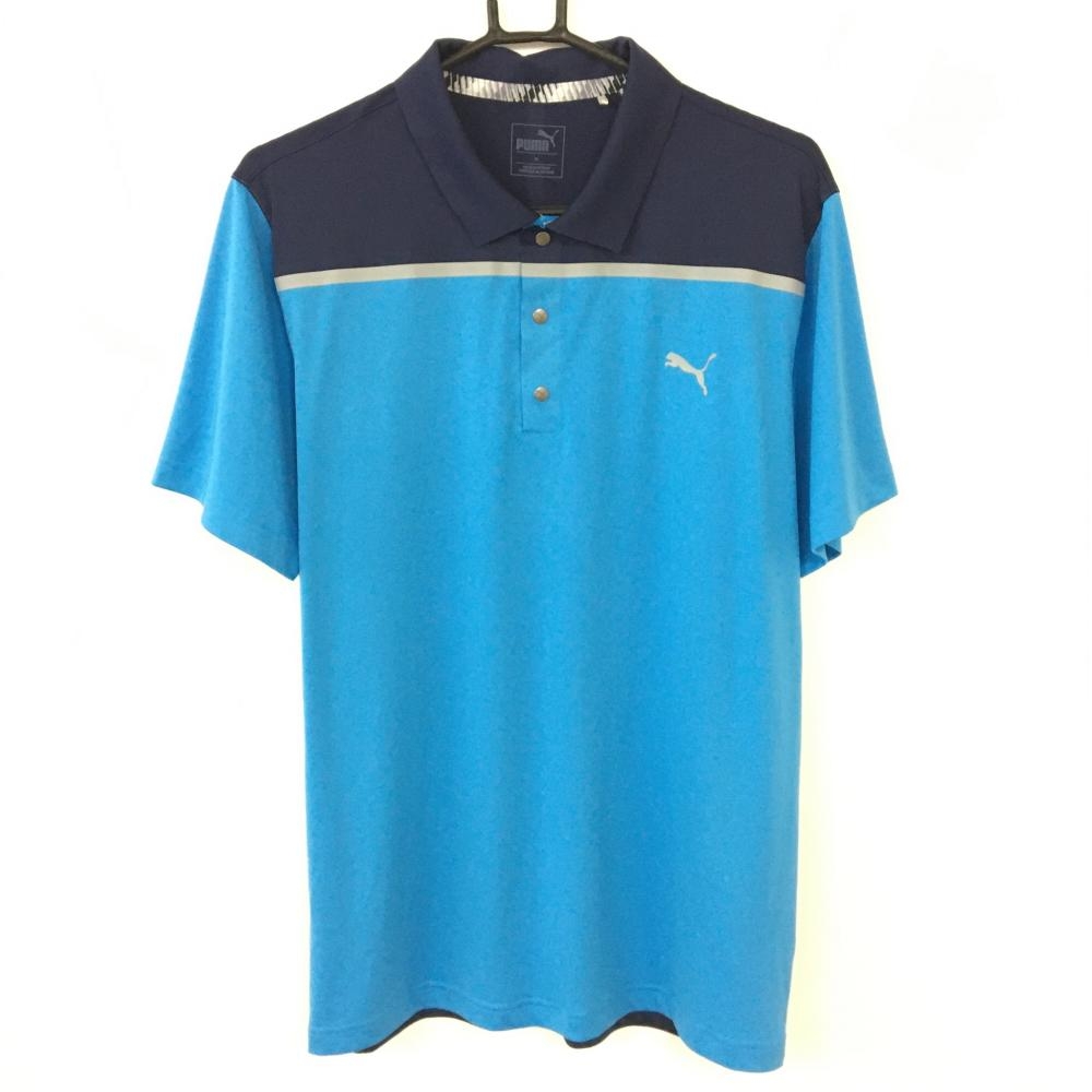 【超美品】PUMA プーマ 半袖ポロシャツ ライトブルー×ネイビー ストレッチ スナップボタン メンズ XL ゴルフウェア