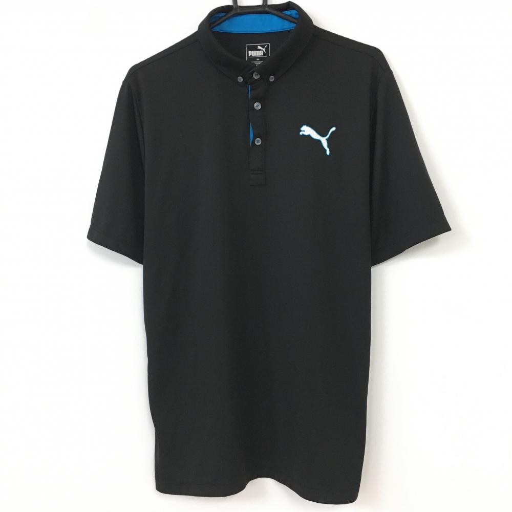 【超美品】PUMA プーマ 半袖ポロシャツ 黒×ライトブルー ボタンダウン ビッグロゴ　大きいサイズ メンズ 3XL ゴルフウェア
