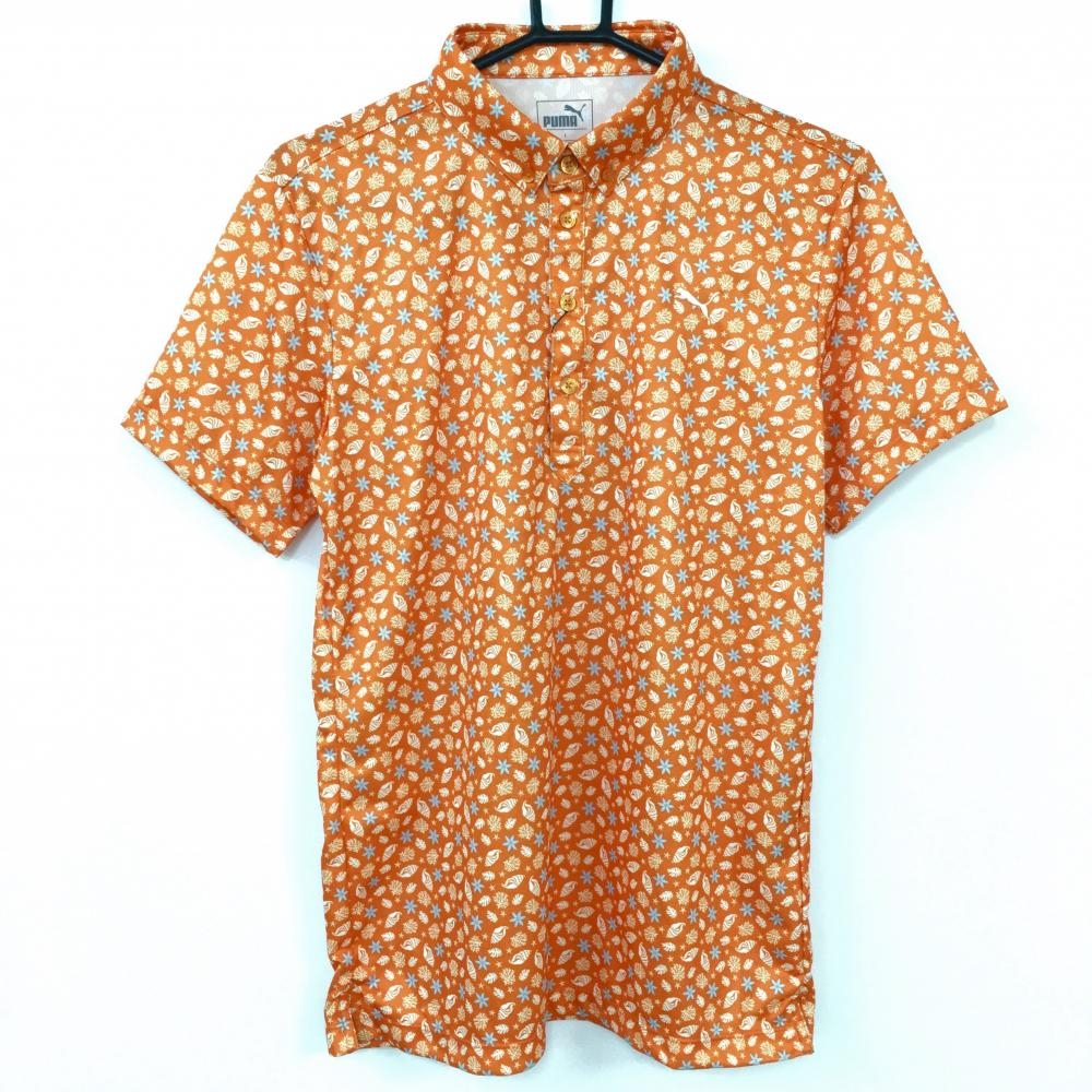 【新品】PUMA プーマ 半袖ポロシャツ オレンジ×白 総柄 ボタンダウン メンズ L ゴルフウェア