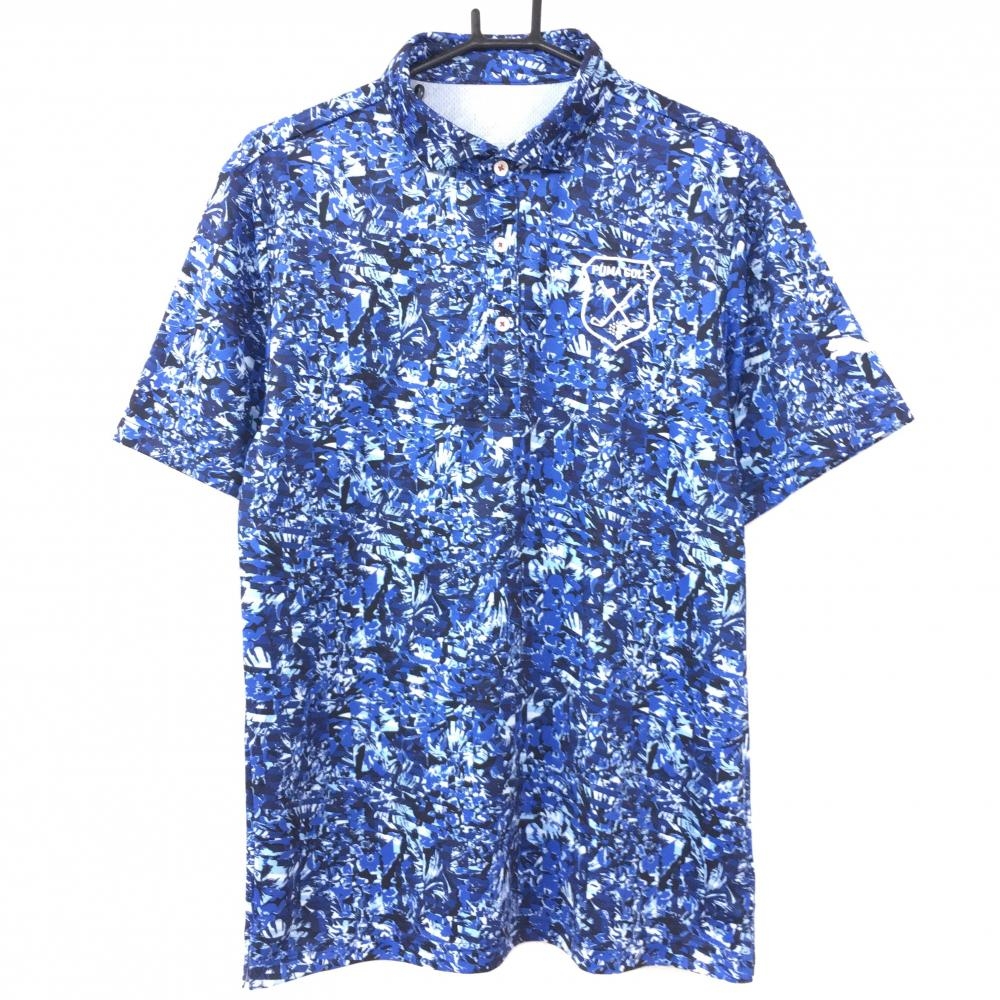 【超美品】PUMA プーマ 半袖ポロシャツ ブルー×ネイビー 総柄 花 ロゴ刺しゅう メンズ XL ゴルフウェア