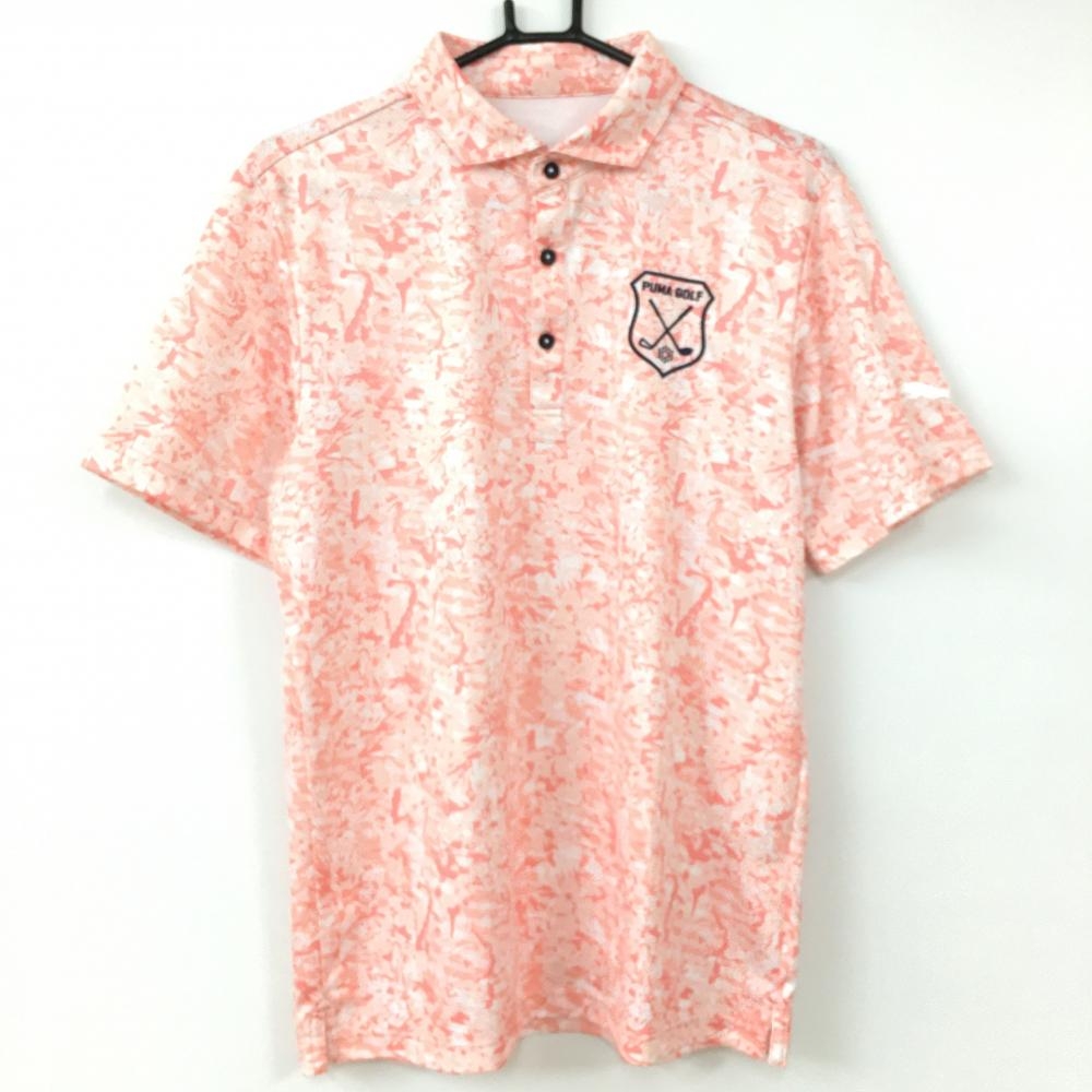 【超美品】PUMA プーマ 半袖ポロシャツ サーモンピンク×白 総柄 花 ロゴ刺しゅう メンズ XL ゴルフウェア