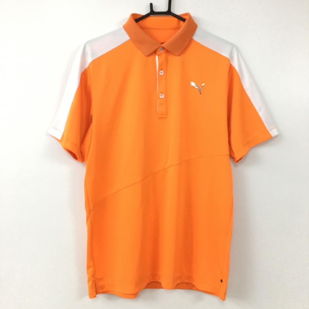 PUMA プーマ 半袖ポロシャツ オレンジ×白 肩ライン メンズ XL ゴルフウェア