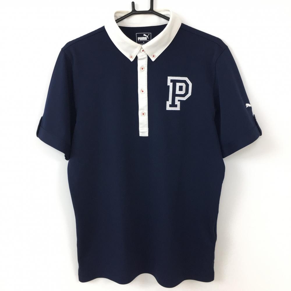 PUMA プーマ 半袖ポロシャツ ネイビー×白 ロゴワッペン DRYCELL ボタンダウン メンズ XL ゴルフウェア