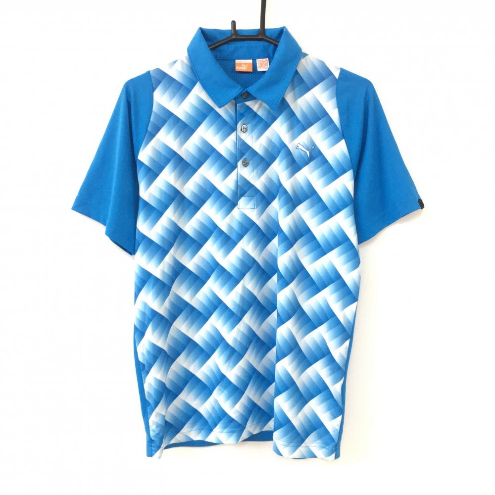 PUMA プーマ 半袖ポロシャツ ライトブルー×白 前総柄 COOL CELL メンズ M ゴルフウェア
