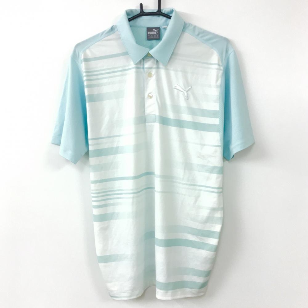 PUMA プーマ 半袖ポロシャツ 白×ライトブルー 前身頃ボーダー柄 メンズ US S ゴルフウェア