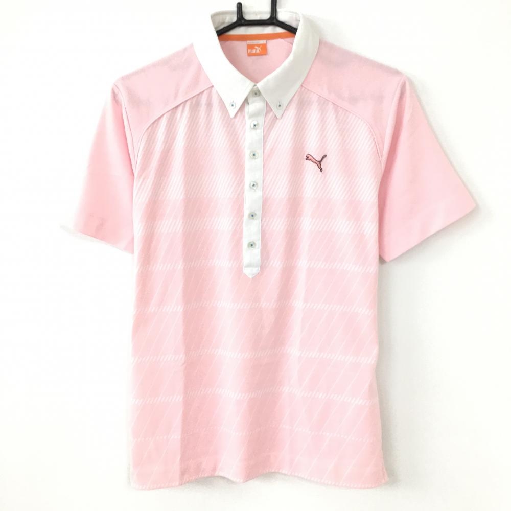 PUMA プーマ 半袖ポロシャツ ピンク×白 前面斜めストライプ×ボーダー ボタンダウン メンズ L ゴルフウェア