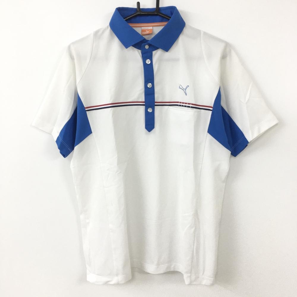 PUMA プーマ 半袖ポロシャツ 白×ブルー トリコロール 胸ポケット メンズ L ゴルフウェア