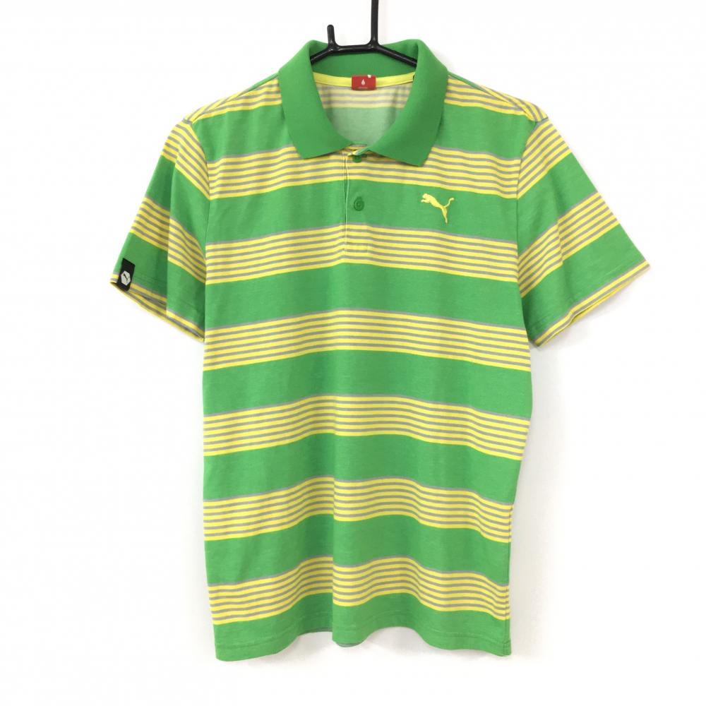 【美品】PUMA プーマ 半袖ポロシャツ グリーン×イエロー ボーダー柄 メンズ M ゴルフウェア